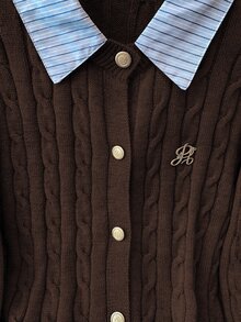 Franclia Fashionable Blogger-Inspired 2 In 1 Patchwork Knit Cropped Cardigan, European And American Style - Chocolate Brown - View 4