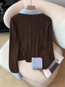 Franclia Fashionable Blogger-Inspired 2 In 1 Patchwork Knit Cropped Cardigan, European And American Style - Chocolate Brown - View 3