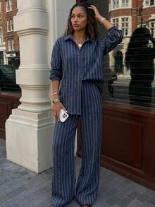 DAZY Autumn/Winter New Loose Casual Striped Women's 2 Pieces Set - Navy Blue - View 6