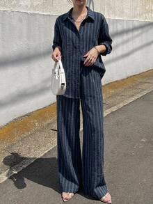 DAZY Autumn/Winter New Loose Casual Striped Women's 2 Pieces Set - Navy Blue - View 5