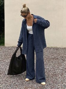 DAZY Autumn/Winter New Loose Casual Striped Women's 2 Pieces Set - Navy Blue - View 4