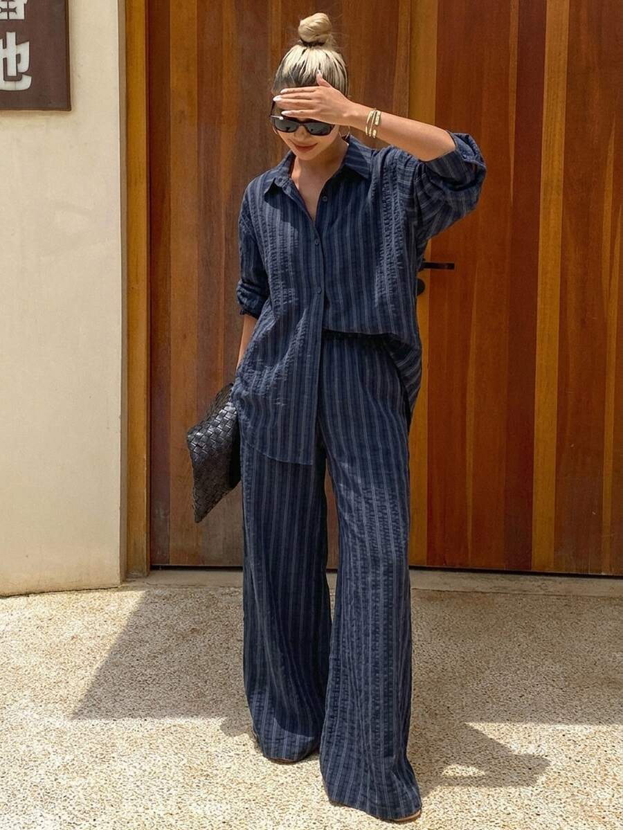 DAZY Autumn/Winter New Loose Casual Striped Women's 2 Pieces Set - Navy Blue - View 1