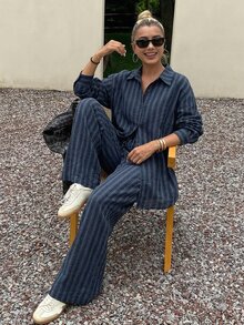 DAZY Autumn/Winter New Loose Casual Striped Women's 2 Pieces Set - Navy Blue - View 3