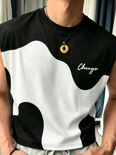 Manfinity Dauomo Summer Casual Top, Plus Size Men's Tank Top, Black And White Denim Effect Pattern, Comfortable Fabric, Versatile Casual Top, Summer Refreshing Top