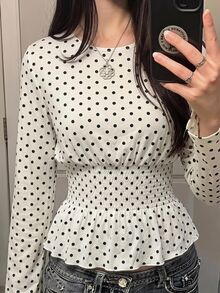 SHEIN EZwear 白色波點針織女款T恤，抽褶腰部與荷葉邊下擺 - 白色 - 查看 8