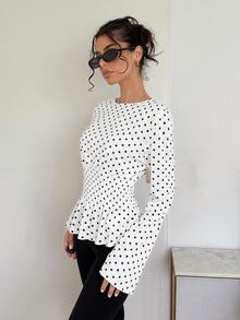 SHEIN EZwear 白色波點針織女款T恤，抽褶腰部與荷葉邊下擺 - 白色 - 查看 4
