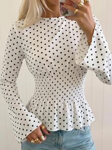 SHEIN EZwear 白色波點針織女款T恤，抽褶腰部與荷葉邊下擺 - 白色 - 查看 5
