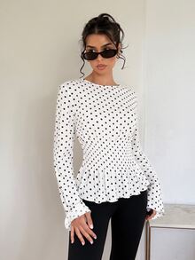 SHEIN EZwear 白色波點針織女款T恤，抽褶腰部與荷葉邊下擺 - 白色 - 查看 3