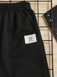 SHEIN 青少年男孩休閒學院風織帶條紋設計慢跑運動長褲，適合休閒運動與校園穿著 - 黑色 - 查看 4