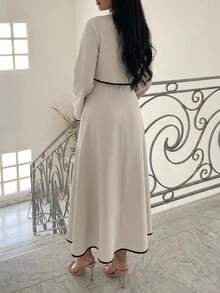 Veilorie Women's Solid Color Dress And Contrast Color Long Sleeve Top Casual 2 Pieces Set - Khaki - View 14
