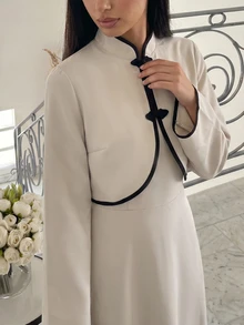 Veilorie Women's Solid Color Dress And Contrast Color Long Sleeve Top Casual 2 Pieces Set - Khaki - View 7