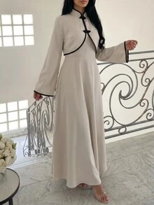 Veilorie Women's Solid Color Dress And Contrast Color Long Sleeve Top Casual 2 Pieces Set - Khaki - View 10