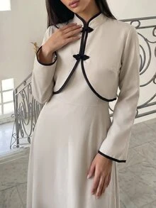Veilorie Women's Solid Color Dress And Contrast Color Long Sleeve Top Casual 2 Pieces Set - Khaki - View 4