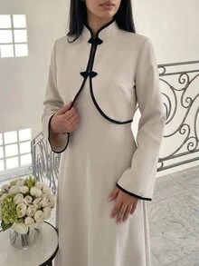 Veilorie Women's Solid Color Dress And Contrast Color Long Sleeve Top Casual 2 Pieces Set - Khaki - View 11