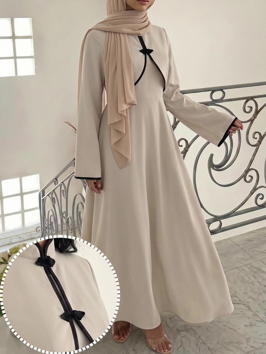 Veilorie Women's Solid Color Dress And Contrast Color Long Sleeve Top Casual 2 Pieces Set - Khaki - View 1