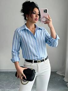 SHEIN Holidaya قميص نسائي بأكمام طويلة مخطط كاجوال، بلوزة للتنقل اليومي - الأزرق - مشاهدة 7