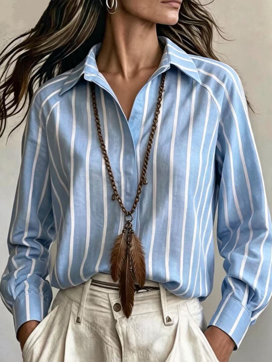 SHEIN Holidaya قميص نسائي بأكمام طويلة مخطط كاجوال، بلوزة للتنقل اليومي - الأزرق - مشاهدة 1