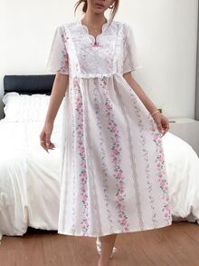 Napfluff Gaun Tidur Renda Kontras Motif Bunga - MultiWarna - View 6