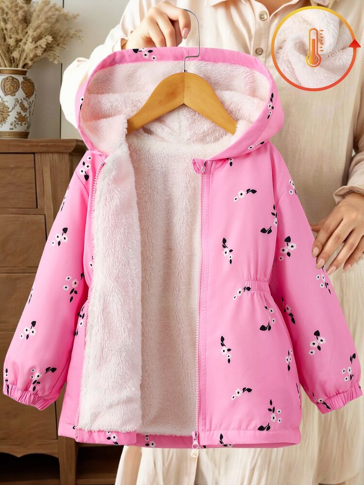 SHEIN Elladie kids 1pc Young Girl Winter 2026 New Pink Floral Thermal Lined Zipper With Elastic Waist And Hood, Thickened Warm Fashionable Outdoor Commute Versatile Jacket - Pink - View 4