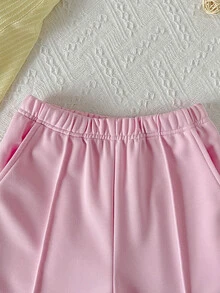 SHEIN Tween女孩奶油黃修身連帽夾克與粉色寬腿長褲2件套，街頭運動休閒返校大學風套裝 - 粉色 - 查看 8