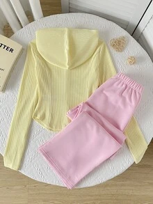 SHEIN Tween女孩奶油黃修身連帽夾克與粉色寬腿長褲2件套，街頭運動休閒返校大學風套裝 - 粉色 - 查看 4