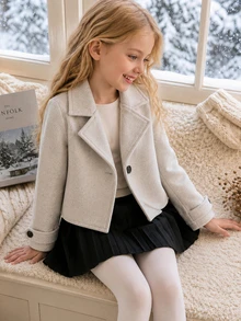 Elladie kids Girls Apricot Short Wool Coat, For Outings, School Activities, Gatherings, Back To School, Autumn Outfit, Winter Fall 2026 - Apricot - View 1