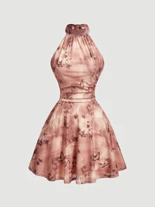 SHEIN MOD Women's Butterfly Print Pleated Halter Mini Dress - Brown - View 5