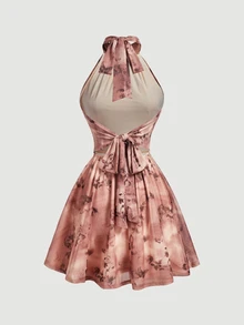SHEIN MOD Women's Butterfly Print Pleated Halter Mini Dress - Brown - View 6
