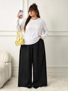 SHEIN CURVE+ Plus Size Women's Solid Color Drawstring Waist Casual Versatile Everyday Long Pants Fall - Black - View 4
