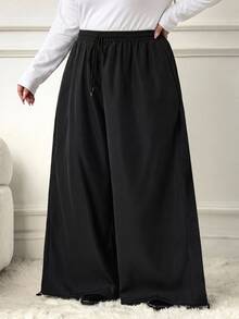 SHEIN CURVE+ Plus Size Women's Solid Color Drawstring Waist Casual Versatile Everyday Long Pants Fall - Black - View 3
