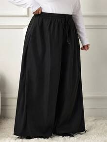 SHEIN CURVE+ Plus Size Women's Solid Color Drawstring Waist Casual Versatile Everyday Long Pants Fall - Black - View 5