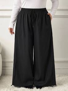 SHEIN CURVE+ Plus Size Women's Solid Color Drawstring Waist Casual Versatile Everyday Long Pants Fall - Black - View 6