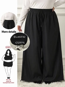 SHEIN CURVE+ Plus Size Women's Solid Color Drawstring Waist Casual Versatile Everyday Long Pants Fall - Black - View 1