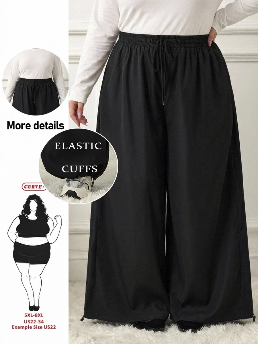 SHEIN CURVE+ Plus Size Women's Solid Color Drawstring Waist Casual Versatile Everyday Long Pants Fall - Black - View 1