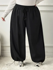 SHEIN CURVE+ Plus Size Women's Solid Color Drawstring Waist Casual Versatile Everyday Long Pants Fall - Black - View 2