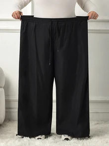 SHEIN CURVE+ Plus Size Women's Solid Color Drawstring Waist Casual Versatile Everyday Long Pants Fall - Black - View 9