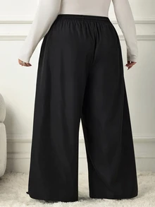 SHEIN CURVE+ Plus Size Women's Solid Color Drawstring Waist Casual Versatile Everyday Long Pants Fall - Black - View 7
