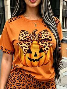 Rovax Women's Plus-Size 2 Pieces Set, Short-Sleeved Tops And Shorts.Leopard And Pumpkin Pattern. Suitable For Halloween, Casual,Gift For Friends - Multicolor - View 3