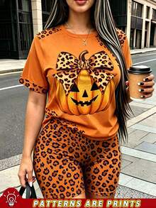 Rovax Women's Plus-Size 2 Pieces Set, Short-Sleeved Tops And Shorts.Leopard And Pumpkin Pattern. Suitable For Halloween, Casual,Gift For Friends - Multicolor - View 1
