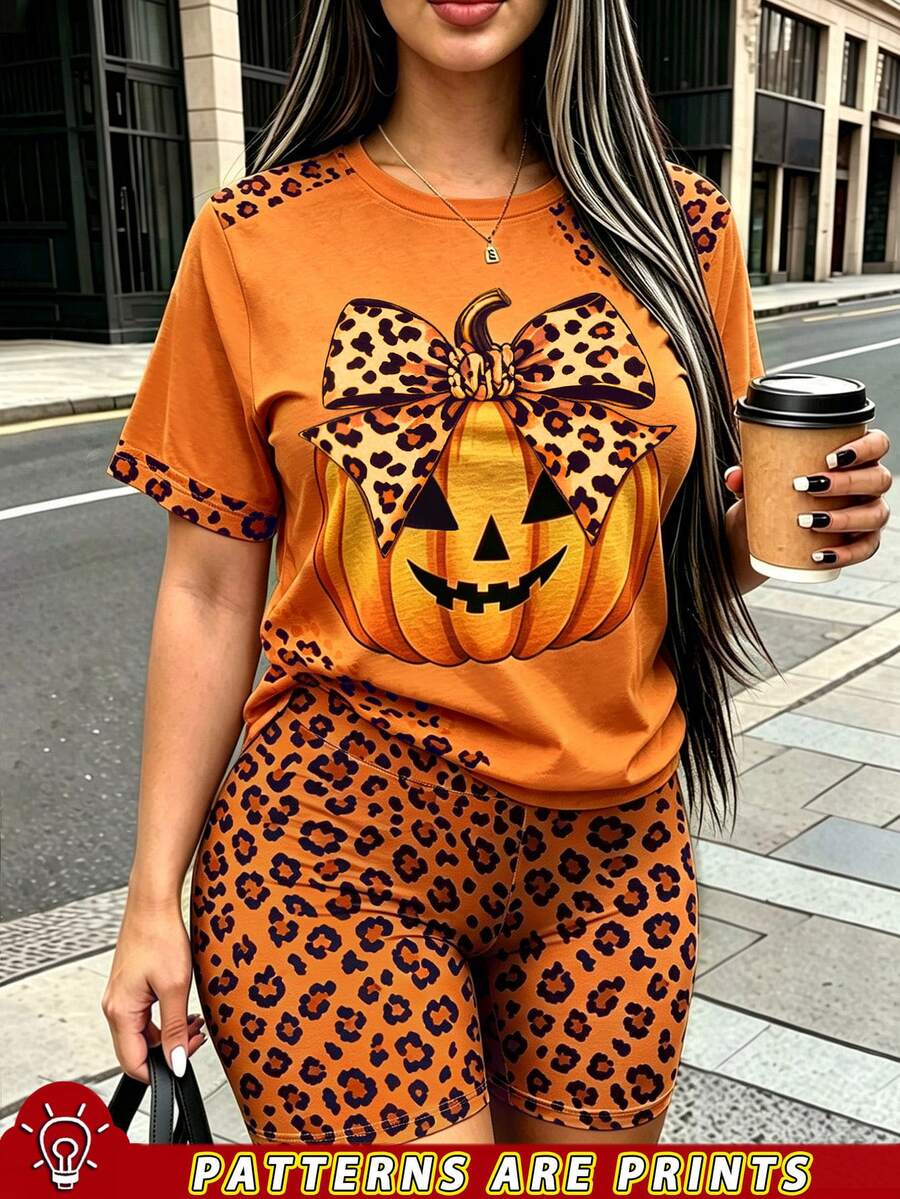 Rovax Women's Plus-Size 2 Pieces Set, Short-Sleeved Tops And Shorts.Leopard And Pumpkin Pattern. Suitable For Halloween, Casual,Gift For Friends - Multicolor - View 1