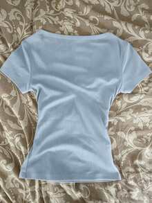 IslaSuriya Contrast Color Contrast Lace Trim 2 In 1 Women Short Sleeve T-Shirt - Multicolor - View 2