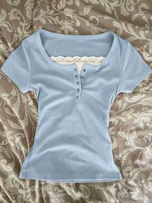 IslaSuriya Contrast Color Contrast Lace Trim 2 In 1 Women Short Sleeve T-Shirt - Multicolor - View 4