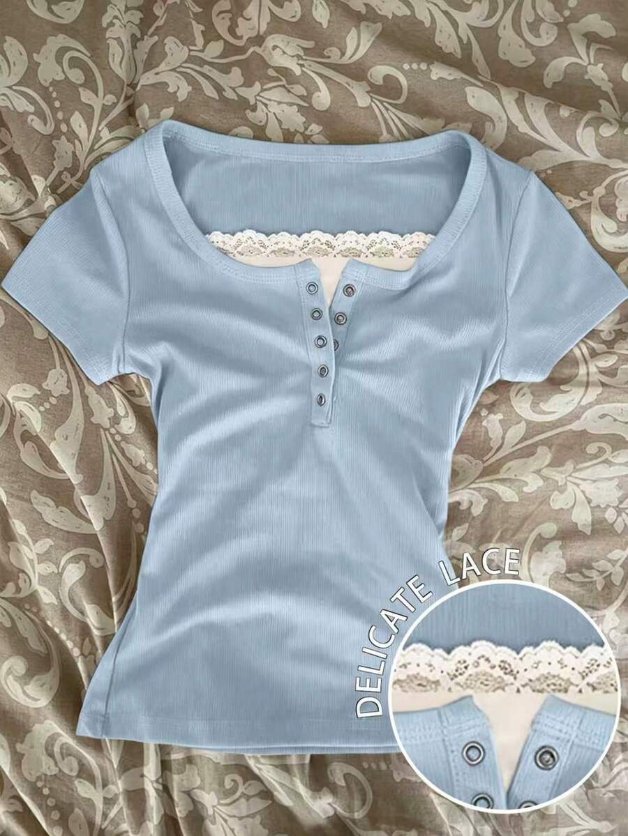 IslaSuriya Contrast Color Contrast Lace Trim 2 In 1 Women Short Sleeve T-Shirt - Multicolor - View 1