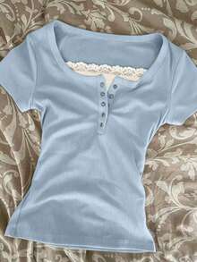 IslaSuriya Contrast Color Contrast Lace Trim 2 In 1 Women Short Sleeve T-Shirt - Multicolor - View 3