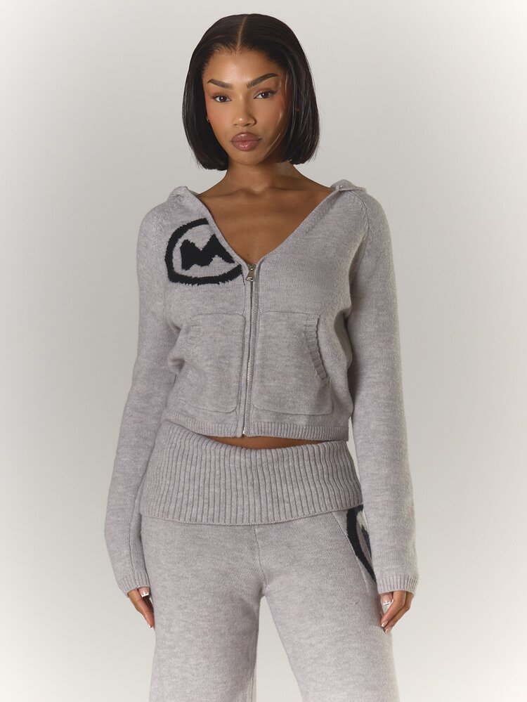 MUSERA V Neck Zip Through Fitted Hooded Mohair Knit Style Jumper Coord Top Only Coolgirl Cosy Cute Outdoors Explorer Fall Autumn Winter Christmas - Grey - View 5