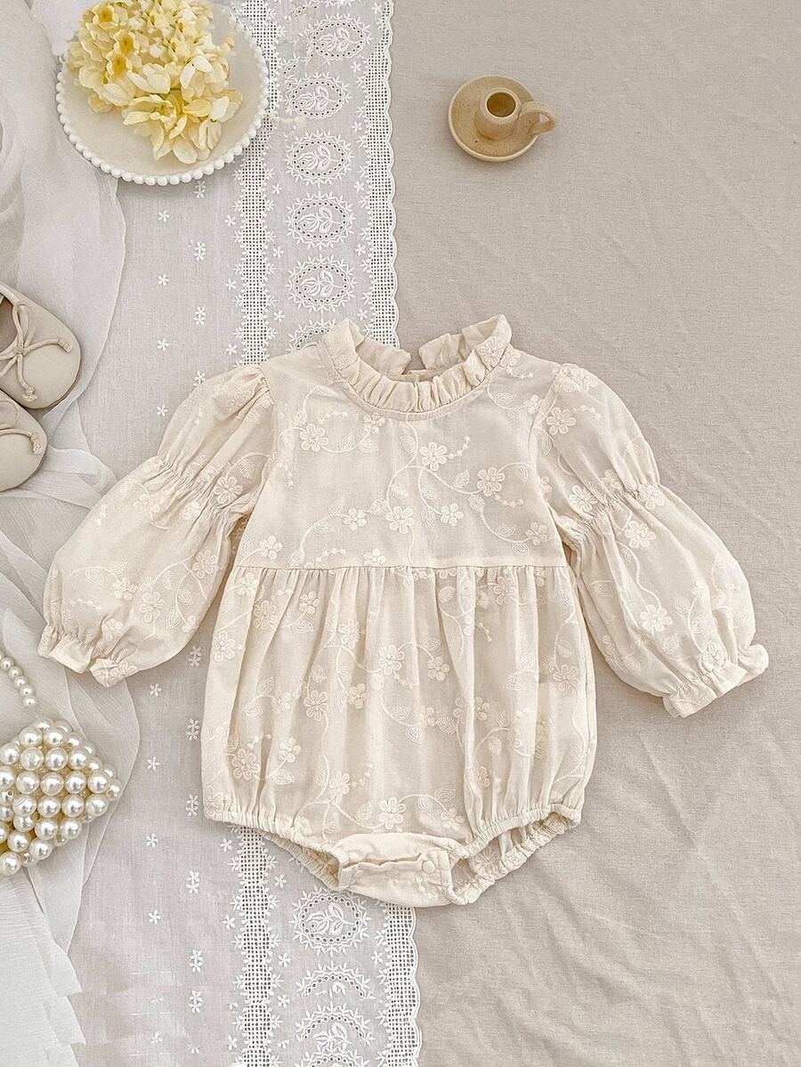 SHEIN B150 Korean Style Embroidered Long Sleeve Simple Bodysuit For Baby Girls, Spring/Autumn Fall Winter