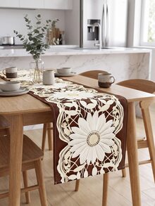 1pc Lace Pattern Table Runner, Kitchen Dining Table Decor, Creative Gift, Rectangular Table Runner, Coffee Table Decor, Tabletop Decor, New Year Holiday Accessory, Home Decor, Exquisite Pattern, Easy To Clean - Coffee Brown - View 3