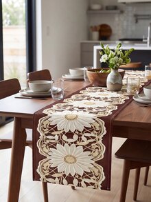 1pc Lace Pattern Table Runner, Kitchen Dining Table Decor, Creative Gift, Rectangular Table Runner, Coffee Table Decor, Tabletop Decor, New Year Holiday Accessory, Home Decor, Exquisite Pattern, Easy To Clean - Coffee Brown - View 4