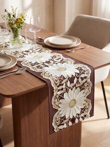 1pc Lace Pattern Table Runner, Kitchen Dining Table Decor, Creative Gift, Rectangular Table Runner, Coffee Table Decor, Tabletop Decor, New Year Holiday Accessory, Home Decor, Exquisite Pattern, Easy To Clean - Coffee Brown - View 1