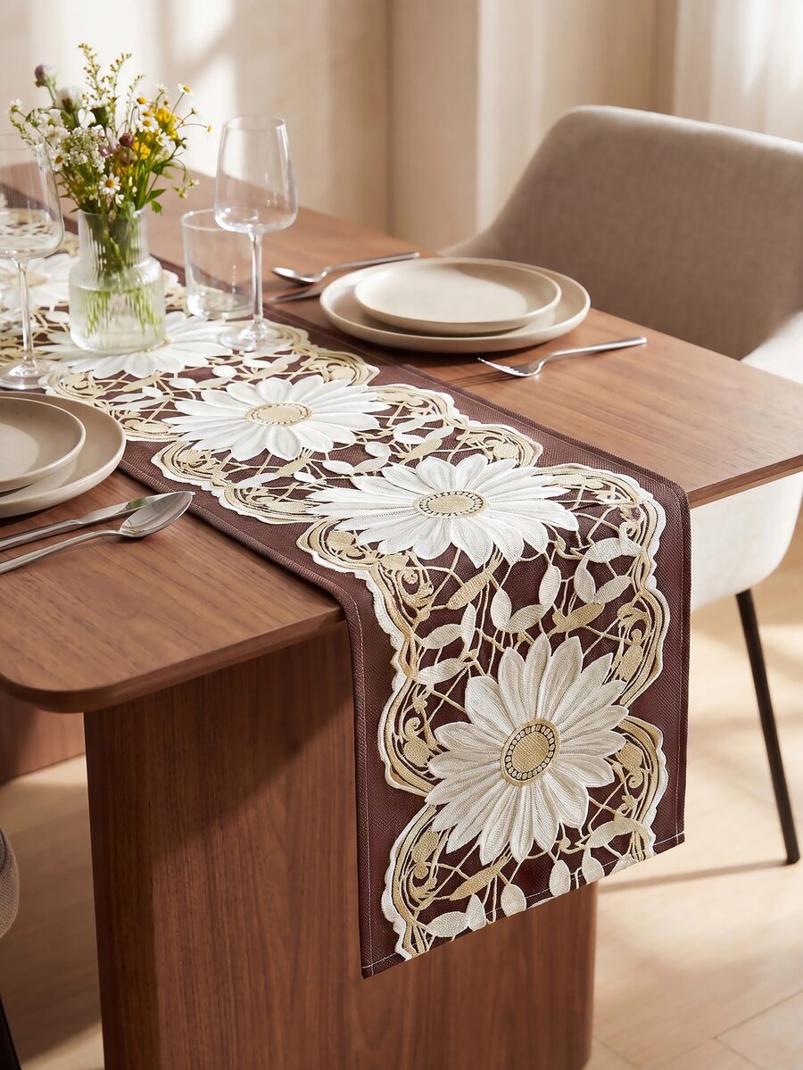 1pc Lace Pattern Table Runner, Kitchen Dining Table Decor, Creative Gift, Rectangular Table Runner, Coffee Table Decor, Tabletop Decor, New Year Holiday Accessory, Home Decor, Exquisite Pattern, Easy To Clean - Coffee Brown - View 1